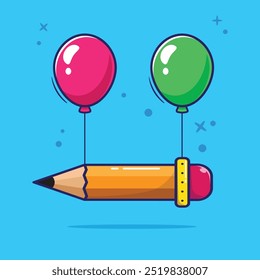 Draw flying pencil with two balloons cartoon vector illustration. draw equipment. School equipment tools