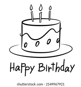 Draw freehand style birthday cake, black graphics on white background.