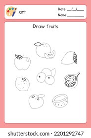 Dibujar fruta a lo largo de la línea de puntos en ejercicios de sujetos de arte hoja kawaii doodle vector cartoon