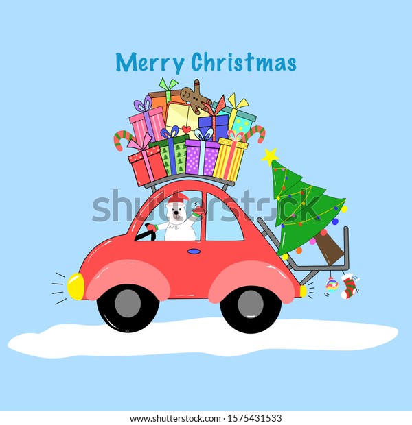 Draw Funny Bear driving car that carries gifts for\
Christmas day and new year day, Holiday concept, Hand draw doodle\
cartoon style.