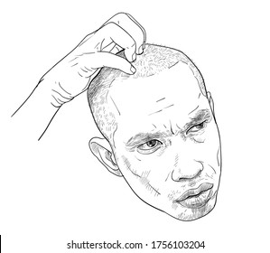 Draw funny portrait of a man, wondering and confused facial expressions. An Asian man scratched his head. Vector illustration.