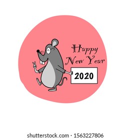 Draw funny rat walking with a 2020 sign for New year on pink and white background, Happy new year concept.