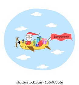 Draw Funny Santa driving airplane carry gifts for Christmas day and new year day, Holiday concept, Hand draw doodle cartoon style.