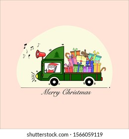Draw Funny Santa driving car that carries gifts for Christmas day and new year day, Holiday concept, Hand draw doodle cartoon style.