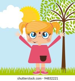 Draw of girl on nature scene, Vector Illustration