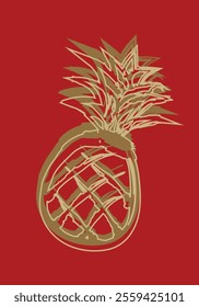 Draw a gold pineapple with brush style on a red background, vector file