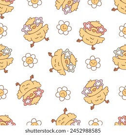 Draw groovy chick easter pattern Spring season Digital paper