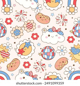 Draw groovy fourth of july seamless pattern Trendy retro Printable for fabric Digital paper