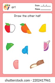 Dibujar la mitad de los frutos restantes en ejercicios de sujetos de arte hoja kawaii caricatura vectorial de doodle