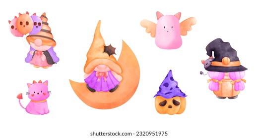 Draw Halloween  Gnomes vector illustration, watercolour, Witches, Wizard, Devil, cat, Ghost Banner Design, Cute Halloween Cartoon character Illustration isolated on white background.