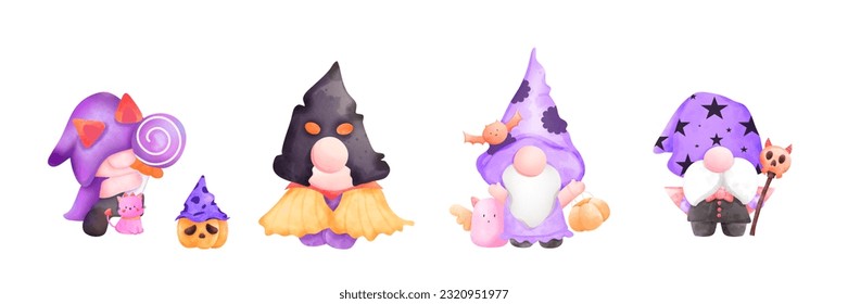 Dibujar ilustración vectorial de Gnomes de Halloween, acuarela, brujas, asistente, diablo, gato, diseño de pancartas fantasma, personaje de dibujos animados de Halloween. Ilustración aislada en fondo blanco.