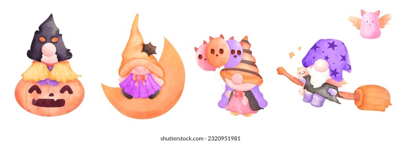 Draw Halloween  Gnomes vector illustration, watercolour, Witches, Wizard, Devil, cat, Ghost Banner Design, Cute Halloween Cartoon character Illustration isolated on white background.