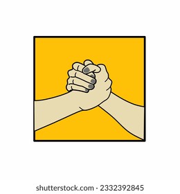 draw a hand with the symbol of friendship or the symbol of someone else arm-wrestling
