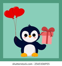 Draw happy penguin with , gift and love ballon for Valentine day, perfect to sticker, mascot, clipart