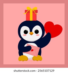 Draw happy penguin with little heart, gift and love message for Valentine day, perfect to sticker, mascot, clipart