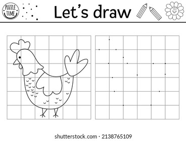 Draw the hen. Complete the picture. Vector on the farm drawing practice worksheet. Printable black and white activity for preschool kids with chicken. Copy the farm bird picture coloring page
