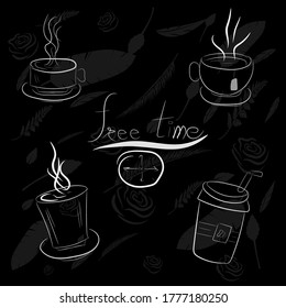 Draw a hot glass set on a black background with faint leaves, perfect for decorating cafes, restaurants, wall painting. Vector illustrator