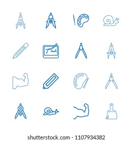Draw icon. collection of 16 draw outline icons such as snail, compass, pencil, palette, muscle arm, pen tool on tablet. editable draw icons for web and mobile.