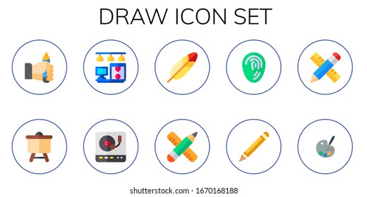 conjunto de iconos de dibujo. 10 iconos planos.  Iconos modernos sencillos, como: Lápiz, lienzo, impresora D, girable, pluma, lápiz, huella digital, paleta de pintura