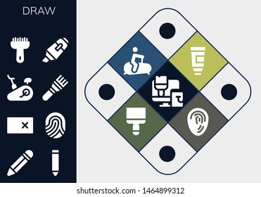 draw icon set. 13 filled draw icons.  Collection Of - Paint roller, Pencil, Erase, Fingerprint, Stationary bike, Brush, Highlighter, Paint tube, Paint brush
