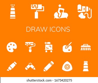 Zeichnen Sie Symbol-Set. 14 gefüllte Zeichensymbole. Einschließlich Farbröhre, Roller, Stationarbike, Highlighter, Palette, Stift, Zeichnen, Zhalk, Farben, Pinselsymbole