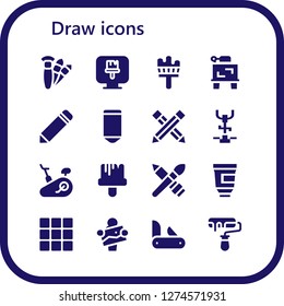  draw icon set. 16 filled draw icons. Simple modern icons about  - Brushes, Paint brush, Painting brush, Drawing, Pencil, Stationary bike, Brush, Paint tube, Palette, Artist, Penknife