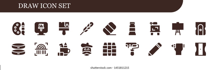 draw icon set. 18 filled draw icons.  Collection Of - Paint palette, Paint brush, Brush, Feather pen, Eraser, Paint, Drawing, Canvas, Sharpener, Bracelet, Fingerprint, Pencil case