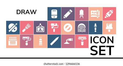  draw icon set. 19 filled draw icons. Simple modern icons about  - Eraser, Palette, Colored pencils, Roller, Paint tube, Pencil, Paint roller, Brush, Painting, Protractor, Fingerprint