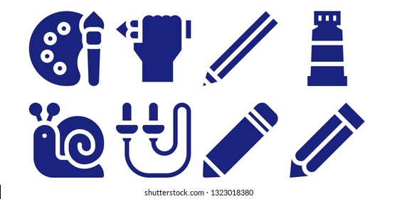 draw icon set. 8 filled draw icons.  Collection Of - Snail, Color palette, Skip rope, Pencil, Paint