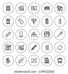 Draw icon set. collection of 25 outline draw icons with blackboard, chalkboard, color palette, canvas, brush, crayon, crayons, eraser, fingerprint icons. editable icons.