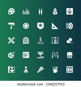 draw icon set. Collection of 25 filled draw icons included d printer, Pencil case, Paint, Brush, Easel, Skipping rope, d print, d modeling, Painting palette, Eraser, Pencil, Fingerprint