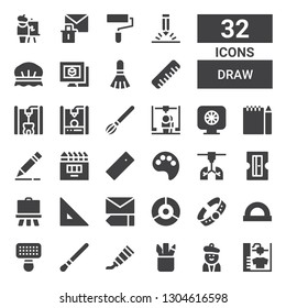 draw icon set. Collection of 32 filled draw icons included d printer, Artist, Pencil case, Paint tube, Brush, Ruler, Bracelet, Color palette, Edit, Easel, Sharpener, Paint palette