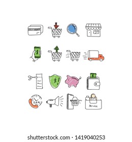 draw icon set delivery, e-commerce, service online shop and cute
