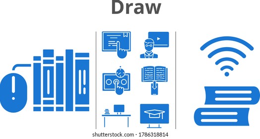 draw icon set. included books, desktop, teacher, ebook, test, book, touchscreen icons. filled styles.