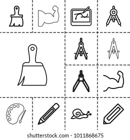 Draw icons. set of 13 editable outline draw icons such as snail, compass, pencil, brush, muscle arm, pen tool on tablet