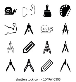 Draw icons. set of 16 editable filled and outline draw icons such as compass, pencil, muscle arm, snail, brush
