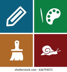 Draw icons set. set of 4 draw filled icons such as snail, pencil, brush