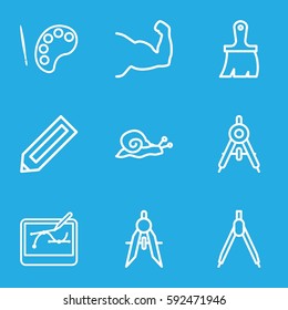 draw icons set. Set of 9 draw outline icons such as snail, compass, pencil, brush, pen tool on tablet, muscle arm