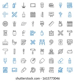 draw icons set. Collection of draw with easel, canvas, palette, crayon, blackboard, painting, pencil, eraser, sharpener, pencil case, paint brush. Editable and scalable draw icons.
