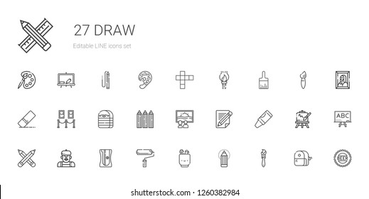 draw icons set. Collection of draw with paint brush, pencil, pencil case, paint roller, sharpener, artist, pencils, crayon, canvas, eraser, painting. Editable and scalable draw icons.