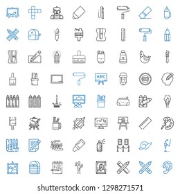 draw icons set. Collection of draw with paint palette, pencils, pencil, painting, brush, eraser, d printer, snail, paint, crayon, brushes, palette. Editable and scalable draw icons.