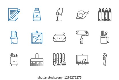 draw icons set. Collection of draw with paint brush, blackboard, brushes, pencil case, paint roller, painting, crayon, snail, d printer, oil paint. Editable and scalable draw icons.