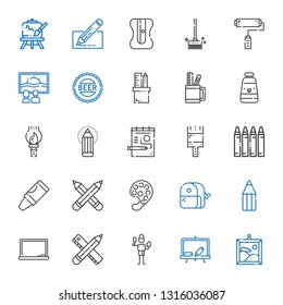 draw icons set. Collection of draw with painting, blackboard, brush, pencil, sharpener, paint palette, pencils, crayon, paint brush, oil paint. Editable and scalable draw icons.