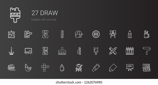 draw icons set. Collection of draw with pencil, crayon, easel, hopscotch, hen, brush, paint brush, sharpener, blackboard, brushes, canvas, bottle cap. Editable and scalable draw icons.