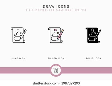Draw icons set vector illustration with solid icon line style. Color art work concept. Editable stroke icon on isolated background for web design, user interface, and mobile application