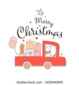 Draw  illustration banner cute bear driving red car carry gift for Christmas day and New year.Winter concept.Doodle cartoon style.