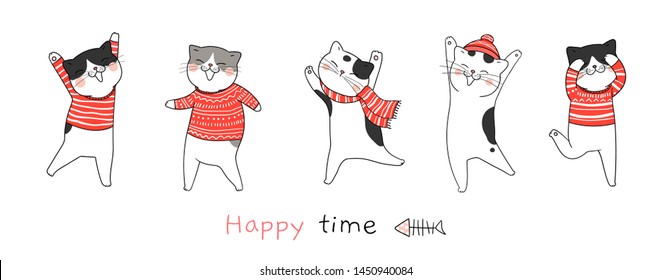 Draw  Illustration Banner Cute Cat Dance For Christmas Day And New Year.Winter Concept.Doodle Cartoon Style.