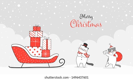 Draw illustration banner cute cat with presents in Santa sleigh for Christmas day and New year.Winter concept.Doodle cartoon style.