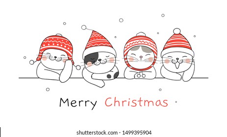 Draw illustration banner cute cat for Christmas day and New year.Winter concept.Doodle cartoon style.