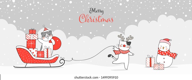 Draw illustration banner cute cat with presents in Santa sleigh for Christmas day and New year.Winter concept.Doodle cartoon style.
